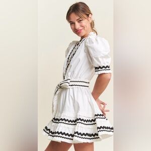 In The Beginning White Black Ric Rac Puff Sleeve Midi Dress NWT S M L